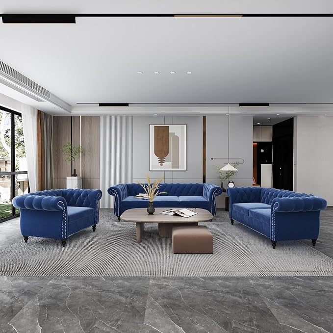 Chesterfield 3 Seater Sofa Modern Velvet Tufted Couch 3 Seater with Rolled Arms and Nailhead Mid-Century Upholstered Couch for Living Room Bedroom Apartment and Office Blue