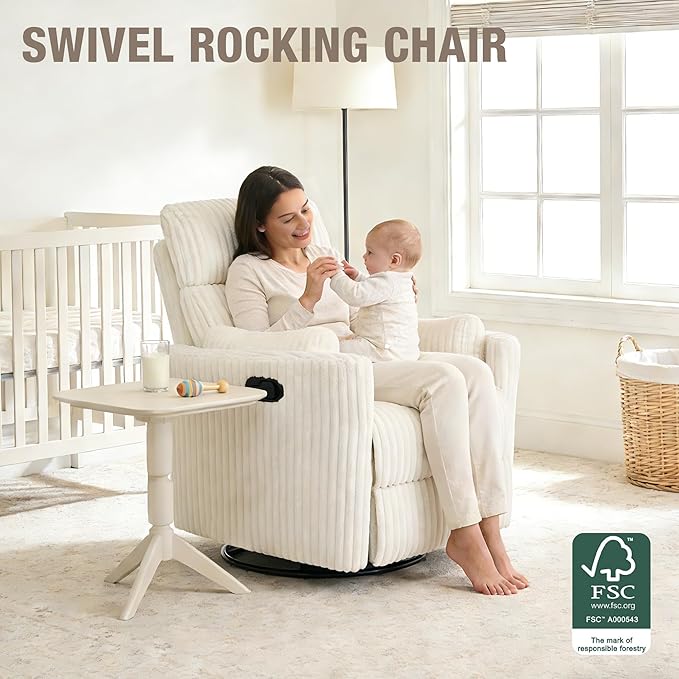 Swivel Rocking Chair Nursery for Adults Swivel Rocker Recliner Glider Barrel Armchair Single Sofa with 2 Pillows for Living Room Bedroom Nursery Beige