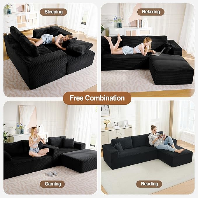 106 Cloud Modular Sectional Sofa Couch with L-Shape ChaiseModern Boneless Sectional Couch with Deep SeatUpholstered Couches for Living Room BedroomNo Assembly RequiredBlack