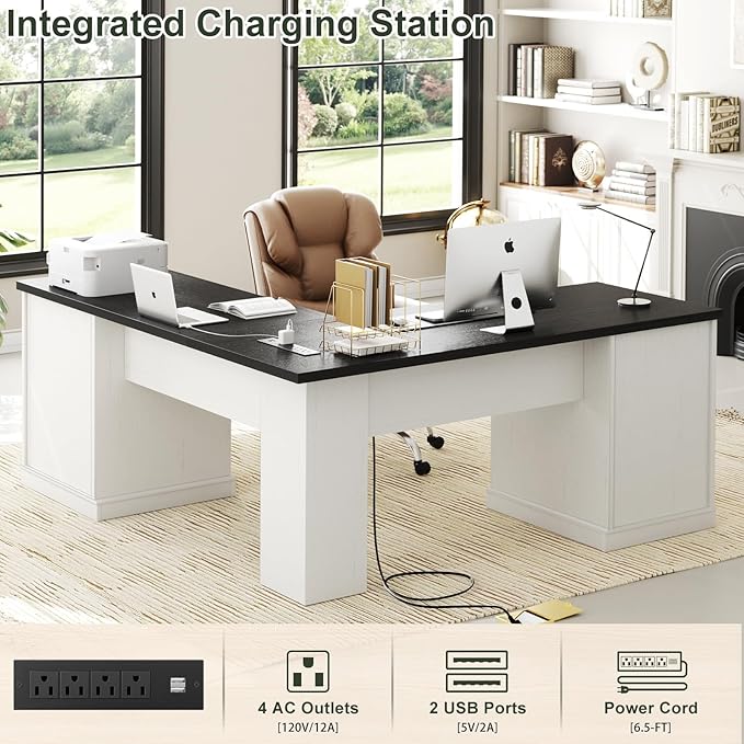 Unikito Farmhouse L Shaped Executive Desk with File Drawers 60 Corner Computer Desk with Power Outlets Large 2 Person Home Office Table with Storage Cabinet Sturdy Writing Desks White and Black