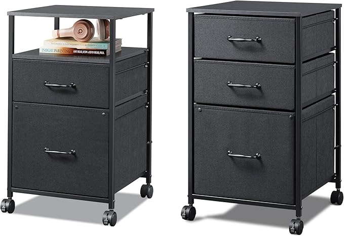 DEVAISE Mobile File Cabinet Combo: 2-Drawer &amp 3-Drawer Black Fabric Rolling Storage Set with Locking Casters Vertical Filing Cabinet for Home Office