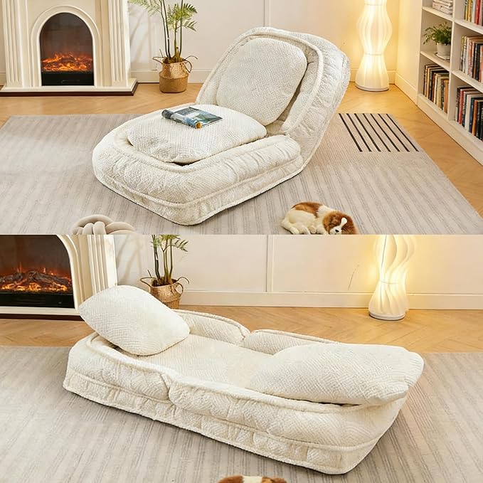 Foldable Lazy Sofa Bed Floor Chair Upholstered Human Dog Bed with 5 Adjustable Position Comfy Tatami Lounge Chair with 2 Pillows Lazy Sofa for Bedroom Living Room Reading (White)