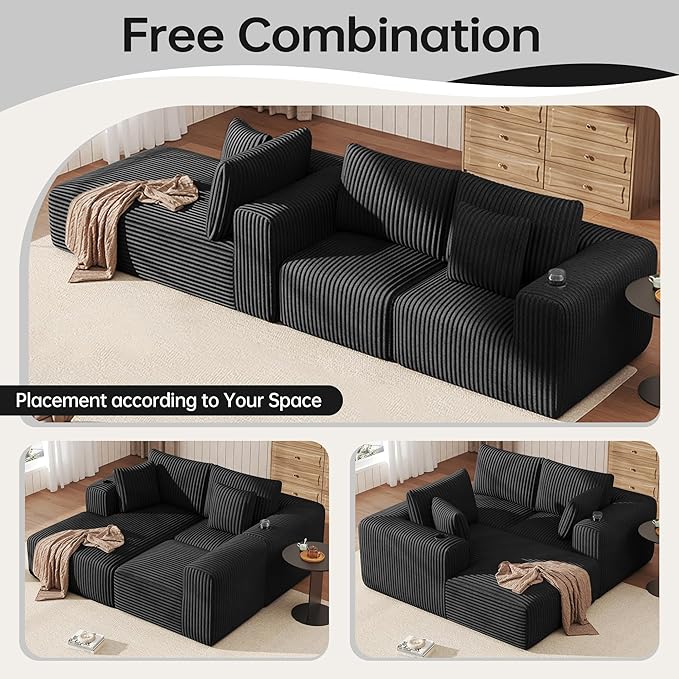 DURASPACE 108 Sectional Couch L Shaped Sofa Boneless Foam Cloud Couches with Chaise Fluffy Plush Corduroy Modular Couches for Living Room (Black Left Facing Chaise)