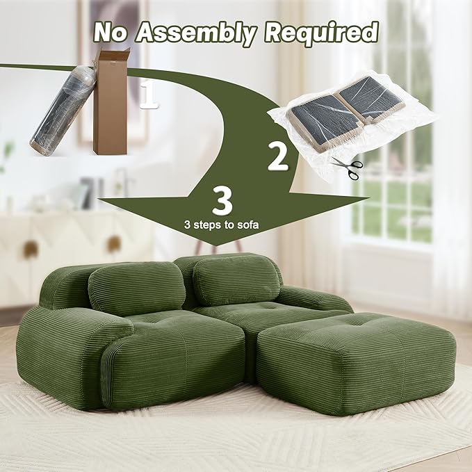 81.8 L-Shaped Cloud Couch Modular Sectional Sofa - Boneless Deep Seat 2-Seater with Movable Ottoman No Assembly Corduroy Upholstery Couches for Living Room (Green)