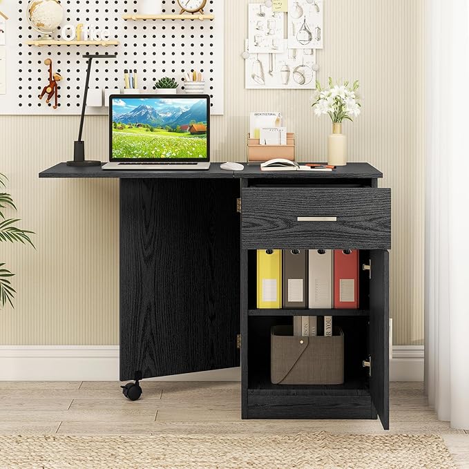 Giantex Folding Computer Desk with Drawer Home Office Desk w/Cabinet &amp Adjustable Shelf Compact Foldable Side Table Study Writing Desk for Small Spaces Dorm Apartment (Black)