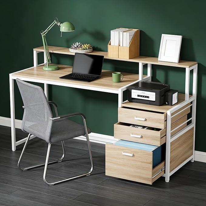 55 L Shaped Office Desk with Drawers &amp Storage Reversible Executive Office Desk with 4 Shelves Large Corner Computer Desk with Elevated Monitor Stand for Home Office Gaming (Natural + White)