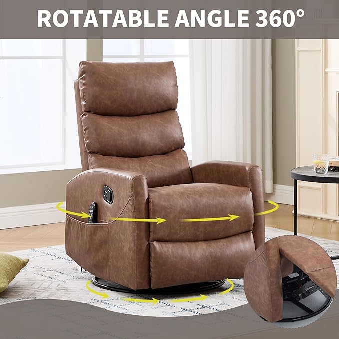 PELUMY 360° Swivel Rocker Recliner with Heat &amp Vibration Massage Glider Rocking Chair for Adults Compact Recliner for Living Room Small Spaces Nursery Bedroom (Breathable Leather Earth Yello