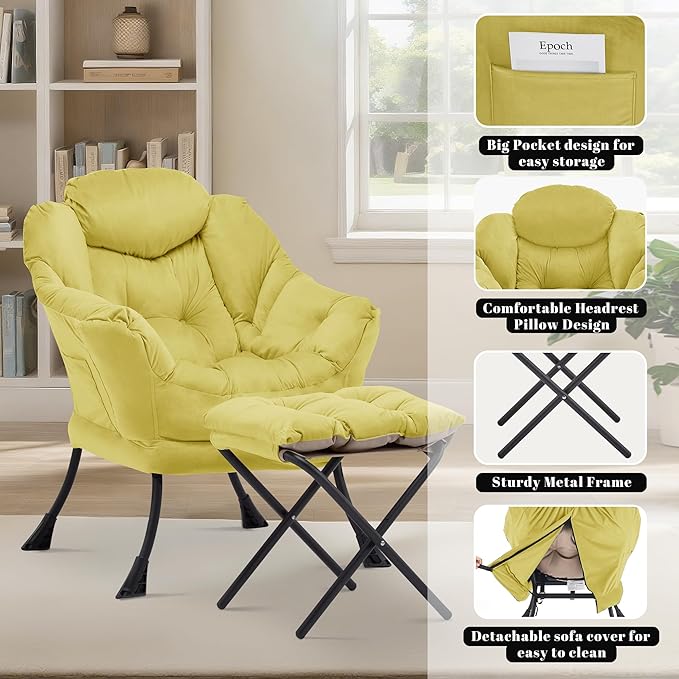 Lazy Chair with Ottoman Comfy Accent Lounge Chair with Side Pocket Modern Reading Armchair with Footrest Upholstered Sofa Chair for Small Spaces Bedroom Living Room Dorm Yellow
