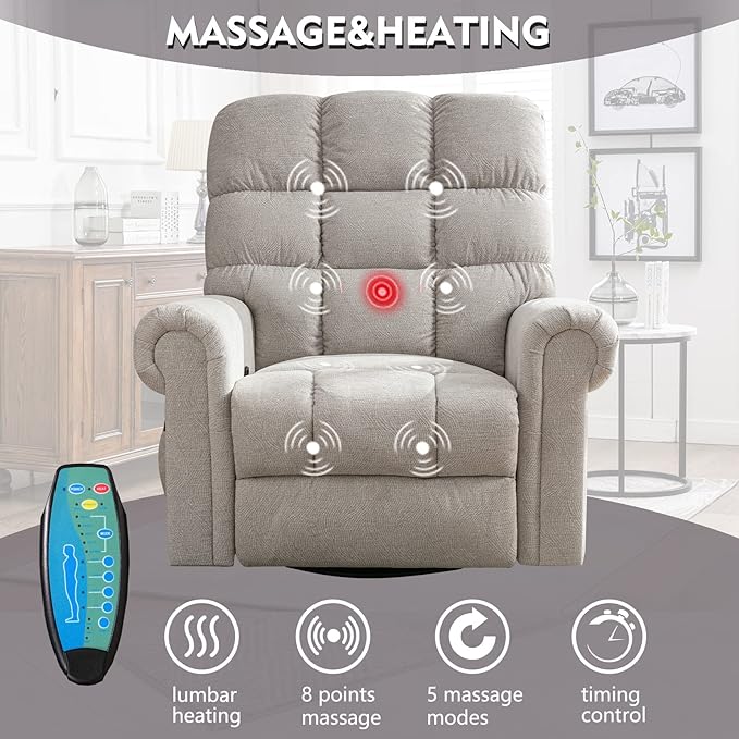 ANJ 360°Swivel Rocker Recliner Chair with Massage and Heat Manual Overstuffed Oversized Swivel Recliners for Big Man Large Glider Rocking Reclining Chairs for Nursery Living Room Beige