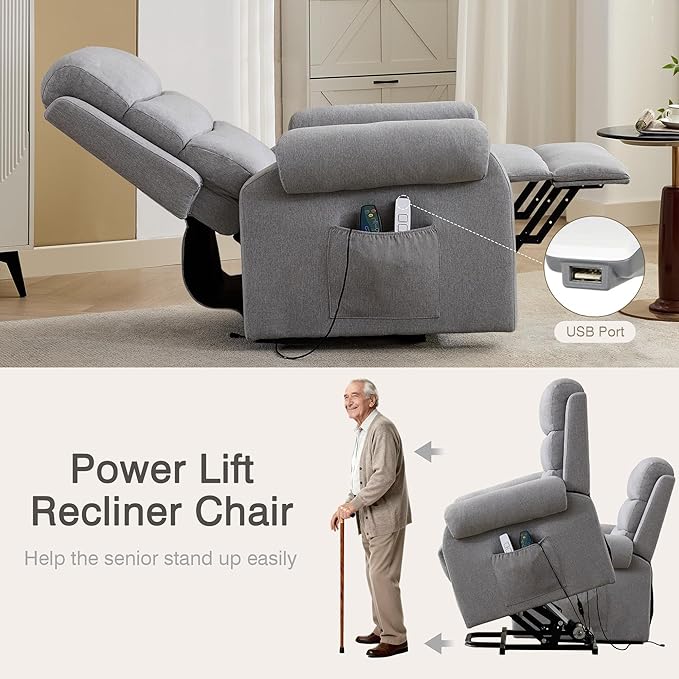 Power Lift Recliner Chair Recliners for Elderly with Heat and Massage Recliner Chair for Living Room with Infinite Position and Side Pocket USB Charge Port (Light Grey)