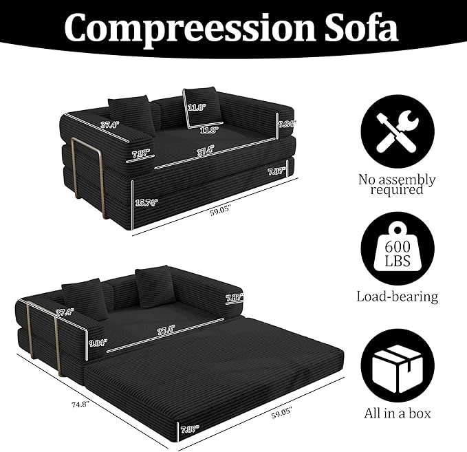 4-in-1 Foldable Sofa Bed Teddy Foam-Filled Compressed Couch Loveseat Sofa Boneless Foldable Convertible Sleeper Sofa Couch for Space Saving Living Room Guest Bed Playroom (Black 53.15Double Sofa)