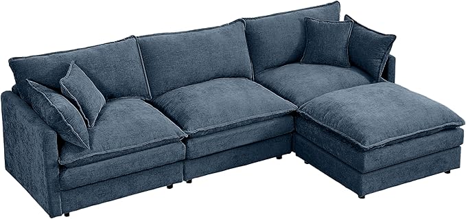 Cloud Couch Modular Sectional Sofa 102-Inch L-Shaped Chenille Fabric 3-Seater with Movable Ottoman Living Room Couch Set with Memory Foam Cushions (Blue L)