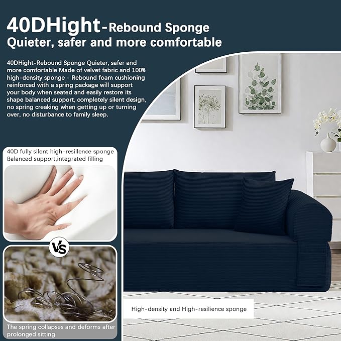 83 Modern Sofa in a Box No Assembly Oversized 3 Seater 28 Deep Seat Cloud Sofa Bed Couch with 4 Furry Pillows &amp Corduroy Fabric Boneless Couch with Side Storage Pockets for Living Room Navy B