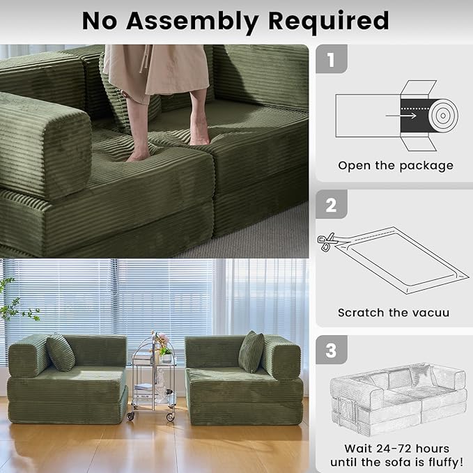 Convertible Sleeper Sofa Bed Corduroy Upholstered Green Modular Floor Couch Queen/King Size Foldable Futon with Memory Foam for Apartment Living Room Bedroom (Off White) (single-sided armrest 80.15)