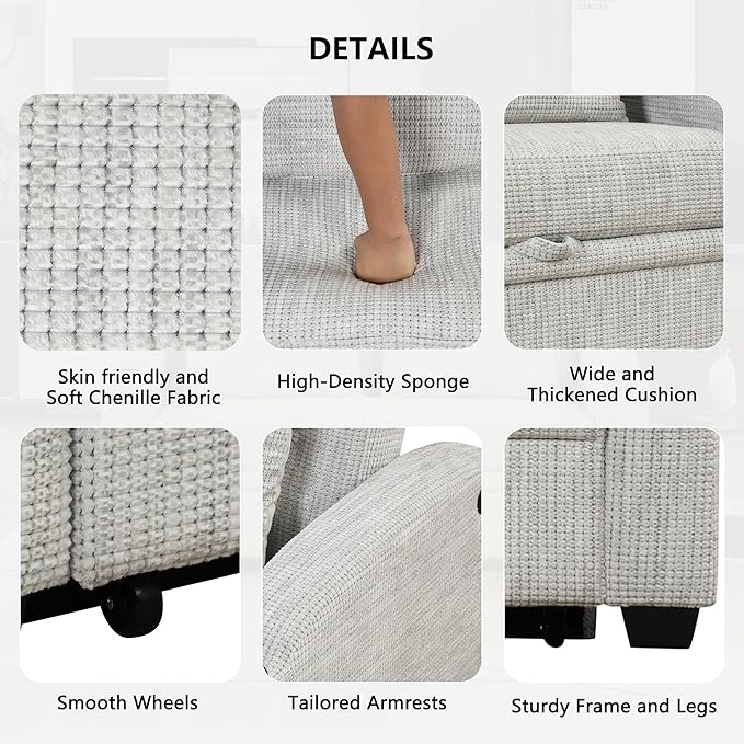 Merax 61.6 Pull Out Sleeper Sofa Bed Modern Chenille Convertible Loveseat Sofa with Adjsutable Backrest 2 Pillows Cup Holders USB Ports for Living Room Apartment White+Gray