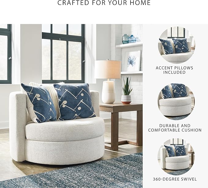 Signature Design by Ashley Padova Transitional Upholstered Swivel Accent Chair Reversible Seat Cushion 3 Complimentary Accent Pillows 360-Degree Swivel Ivory Fabric