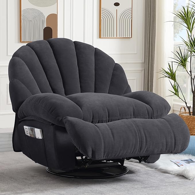 Swivel Rocker Recliner Chair – Shell Shape Manual Big Tall Single 360° Swivel Reclining Sofa with Storage Pockets | Small Space-Friendly for Living Room/Bedroom (NO Massage &amp Heat Gray)
