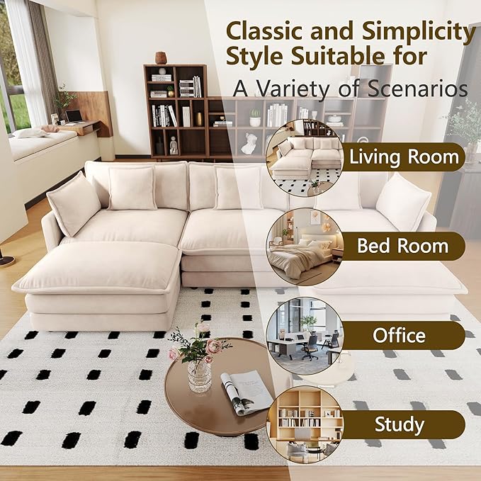 111.5 Chenille Modular Sectional Sofa Comfy Cloud Couch Sectional Sofa Modern 3 Seat Couch Deep Seat Sofa for Living Room Bedroom Apartment (Light Coffee 111.5Inch-U Shape)