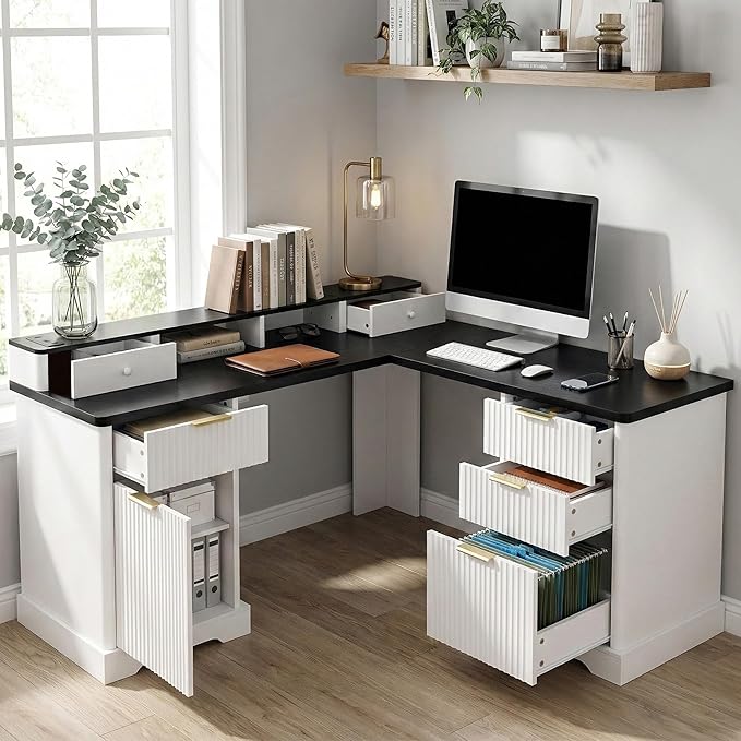 Modern Fluted L Shaped Executive Desk with Charging Station - 59 Home Office Corner Computer Desk with Monitor Stand File Drawer and Removable Support Shelf for Study Home Office (White)