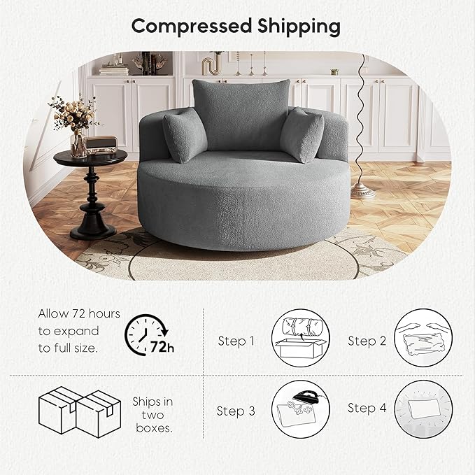 Oversized 360° Swivel Barrel Chair for Living Room Modern Comfy 56.3'' Round Boucle Reading Accent Chair with Extra Wide &amp Deep Seat Overstuffed Cushions Easy Assembly Slate Grey