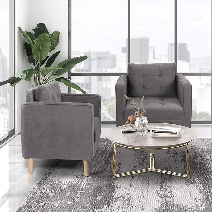 STHOUYN Mid Century Modern Upholstered Fabric Accent Chair with Arms Set of 2 Armchair Comfy Reading Chair for Living Room Studio Office Couch Single Sofa Set Bedroom Grey