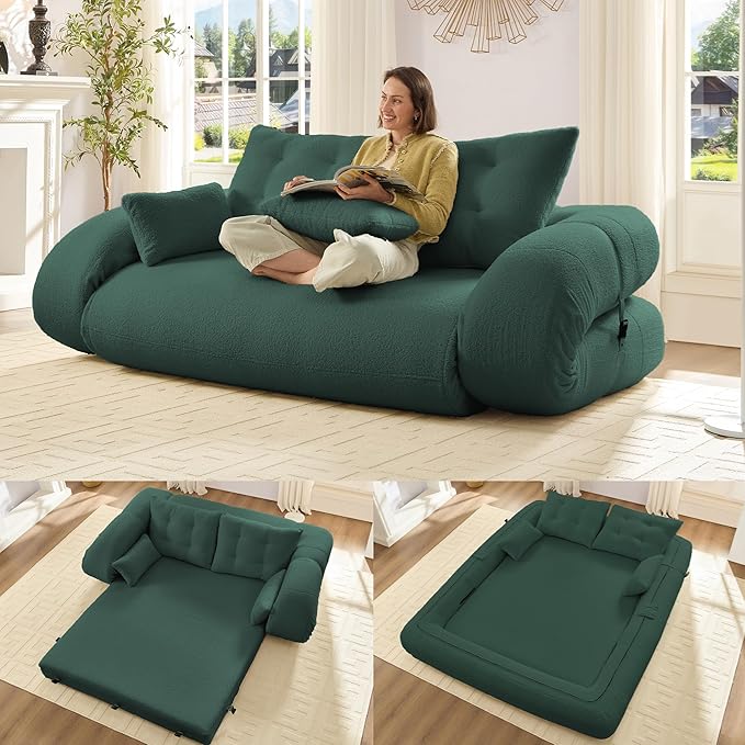 78.7 King Foldable Sofa Bed Lazy Sofa Couch 3-in-1 Multi-Functional Sleeper Sofa Bed Teddy Futon Sofa Floor Loveseat Sofa Human Dog Bed Bean Bag Lounge Recliner for Living Room Green