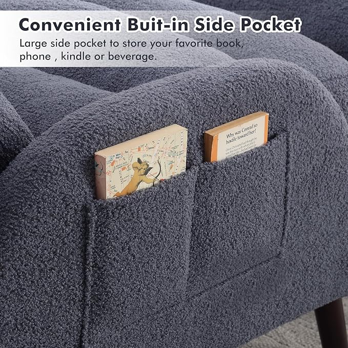 Accent Chair with Ottoman Comfy Reading Chair with Ottoman Set Modern Oversized Velvet Lounge Armchair with Adjustable Backrest for Living Room Bedroom (Teddy Blue Grey)