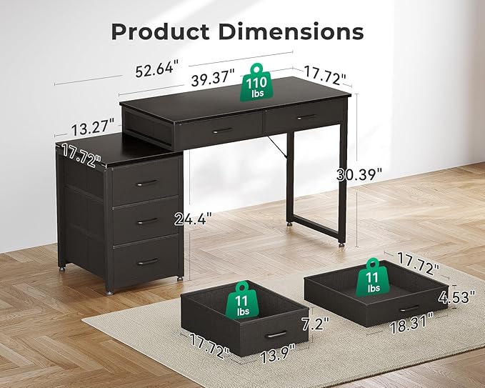 ODK Computer Desk with 5 Drawers 53 Inch Office Desk with Printer Shelf Reversible Gaming Desk for Home Bedroom Writing Table Desk with Headphone Hook for Storage Black