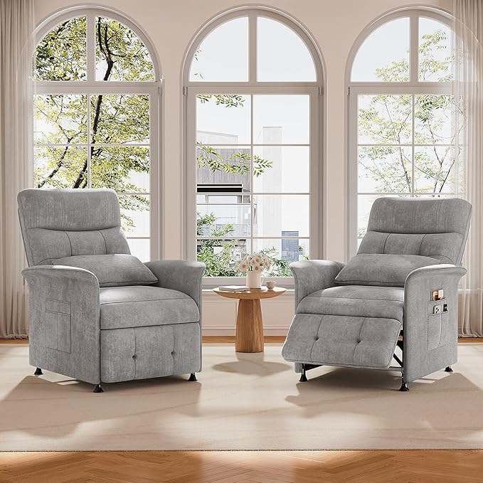 Electric Power Recliner Chair with Heat &amp Vibration Massage Overstuffed Fabric Sofa with Remote Control for Living Room Bedroom Easy Assembly Light Grey