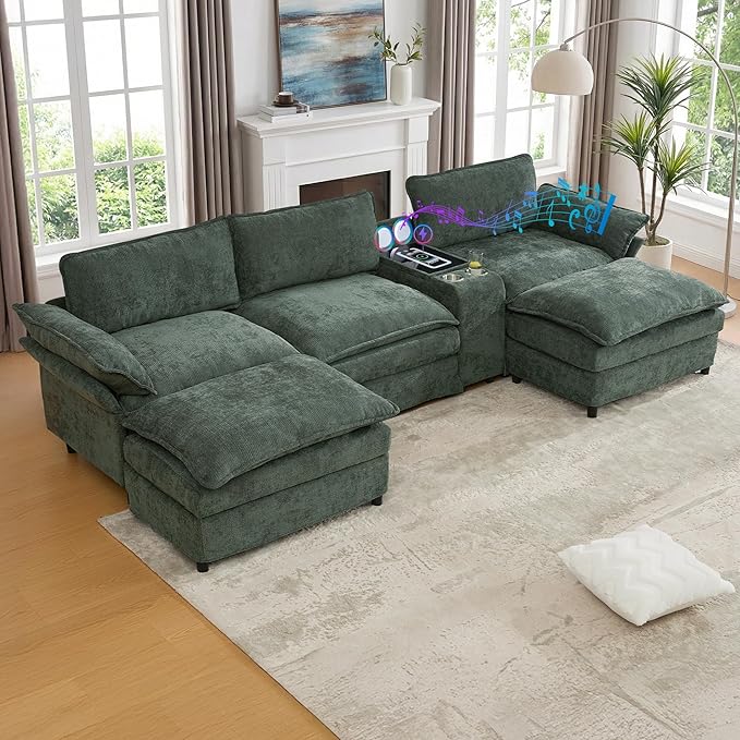 124 Cloud Couch Sectional Modular Sectional Sofa with Speakers Modern U Shaped Couches for Living Room Comfy Chenille Deep Sofas with Console Charging Station Cup Holders (Dark Green) | Easy Ass
