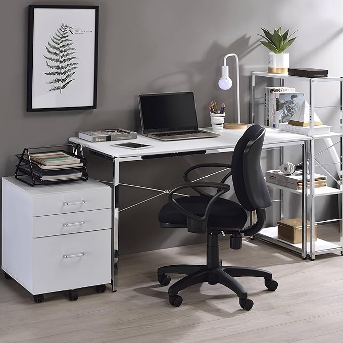 White and Chrome Writing Work Study Desk with Sled Base Metal Frame for Study and Home Office