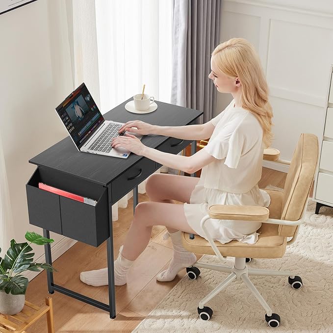 Sweetcrispy Small Desk with Fabric Drawers for Bedroom Home Office 32 Inch Computer Gaming Desk Writing Study PC Table with Side Bag Headphone Hook Metal Frame Adjustable FeetPure Black