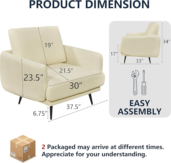 Oversized Accent Chair for Living Room Chairs Reading Arm Chair Comfy Modern Single Sofa Side Chairs with Metal Legs &amp Soft Cushion for Bedroom Waiting Room