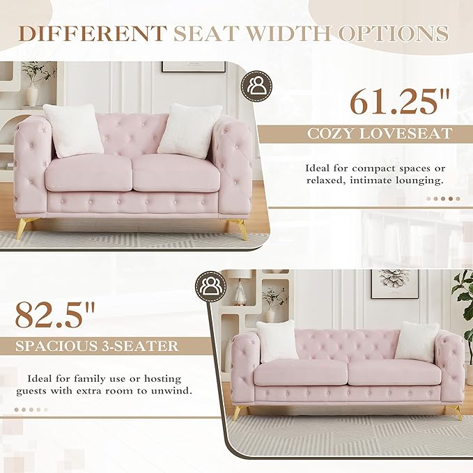 61.25 Velvet Chesterfield Sofa Mid-Century Modern Love Seat Button Tufted Couch with Curved Arms Gold Metal Legs Deep Seat Small Space Comfortable Living Room Bedroom Furniture (Pink 2 Seater)