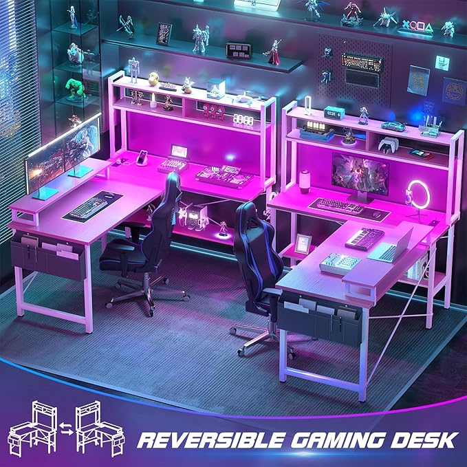 Aheaplus L Shaped Gaming Desk with Power Outlets &amp LED Lights Small L- Shaped Desk Computer Corner Desk with Monitor Stand &amp Storage Shelf Home Office Desk Writing Desk with Storage Bag Pin