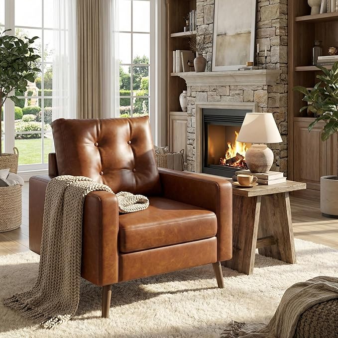 HNY Mid Century Modern Armchair Button Tufted Faux Leather Accent Chair with Armrests Upholstered Club Chair for Living Room Bedroom &amp Office Caramel Brown