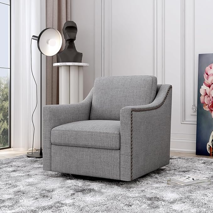 33 360° Swivel Cotton Linen Modern Mid-Century Accent Armchair Oversized Accent Chair Mid-Century Modern Chair with Sturdy Metal Base for Living Room Office Reception Areas Grey