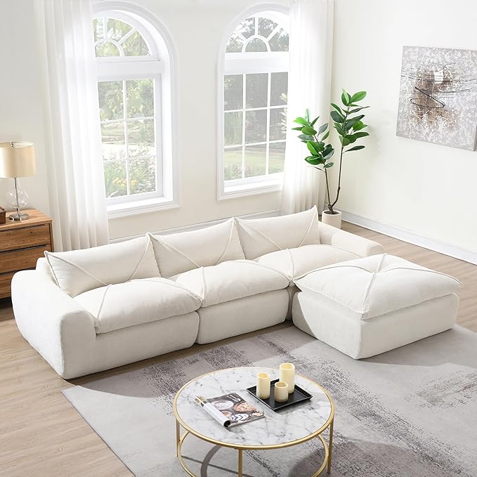 116 Modular Sectional Sofa with OttomanCloud Sectional CouchNo Assembly RequiredModern Modular L-Shape SofaBoucle FabricBoneless Upholstered Couches for Living Room BedroomSoft Cream White