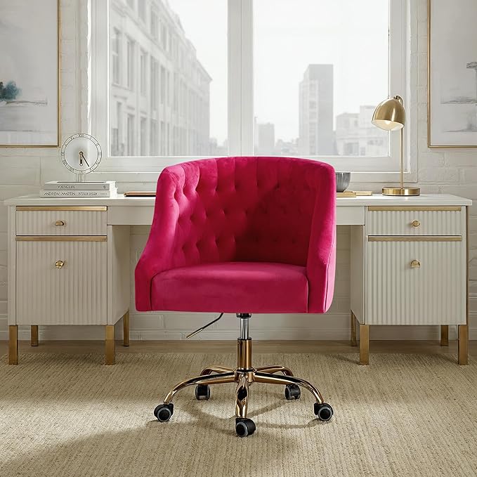 Velvet Office Chair with Gold Base Modern Cute Desk Chair Comfortable Adjustable Swivel Task Chair for Home Office Living Room Bedroom Vanity Study