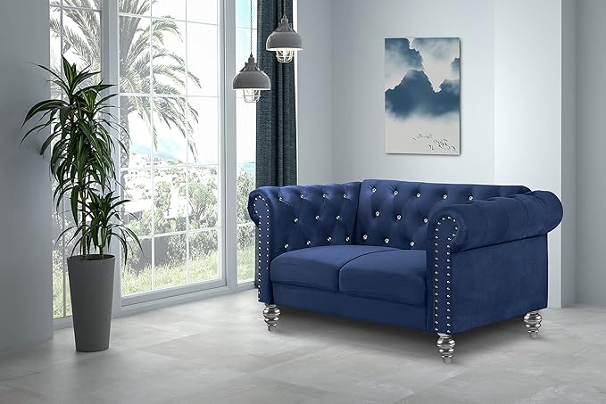 New Classic Furniture Glam Emma Velvet Two Seater Chesterfield Style Loveseat for Small Spaces with Crystal Button Tufts Royal Blue