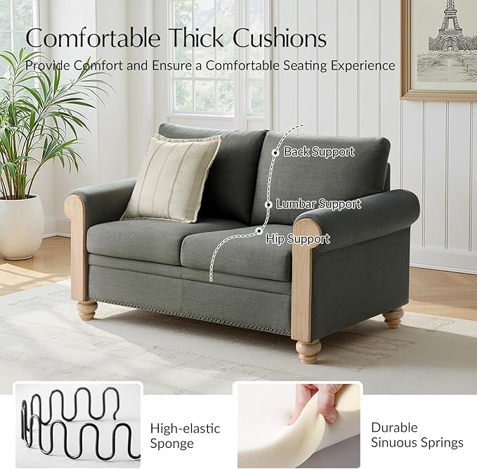 HULALA HOME 60 Farmhouse Loveseat Sofa with Solid Wood Spindle Legs 2 Seater Small Sofa with Rolled Wide Armrests Comfy Upholstered Loveseat Couch with Nailhead Trims Charcoal