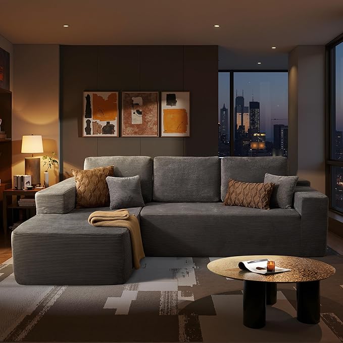 ovios 104 Cloud Boneless Couch with Glitter Fabric Moudular Sectional Sofa with Deep Seat No Assembly Required Modern Minimalist L Shaped Couches with Chaise for Living Room Grey