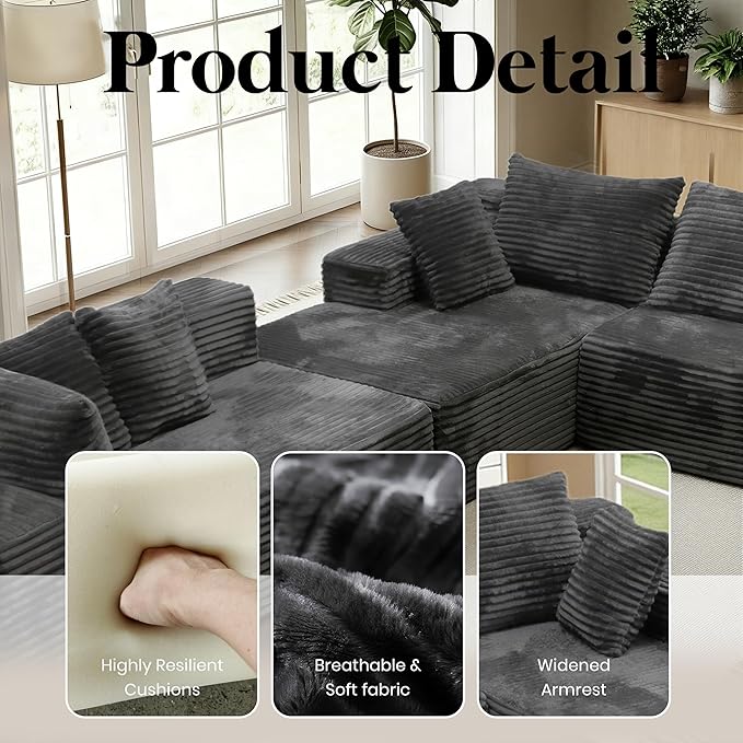 135'' Boneless Couches for Living Room Oversized V-Shaped 6-Seat Faux Fur Convertible Modular Sectional Cloud Sofa 4-in-1 Flexible Combination Deep Seat Corner Large Couch No Assembly Dark Grey