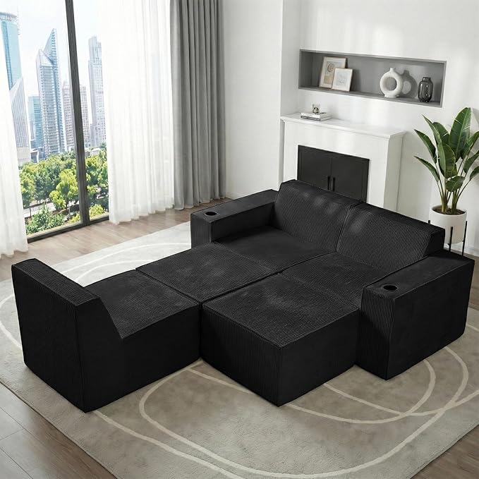 Cloud Modular Sectional CouchBoneless Corduroy Sofa for Living RoomU Shaped Sofa with OttomanDeep SeatNo Assembly Required (Black U Shaped 3 Seater + 2 Ottoman)