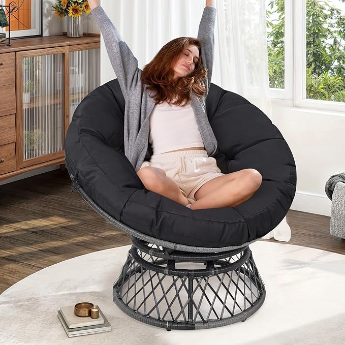 40 Ergonomic Wicker Papasan Chair 360° Swivel Indoor Outdoor Rattan Chair with Soft Thick Cushion Ideal for Living Room Bedroom Reading Room Grey Frame with Black Cushion