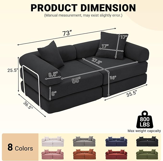 73 Convertible Sleeper Sofa Bed Corduroy Boneless Couch in a Box 4-in-1 Folding Mattress Loveseat Couch Comfy Modular Foldable Floor Sleeper Sofa with 2 Pillows and Fixed-Shape Frame (Black 73)