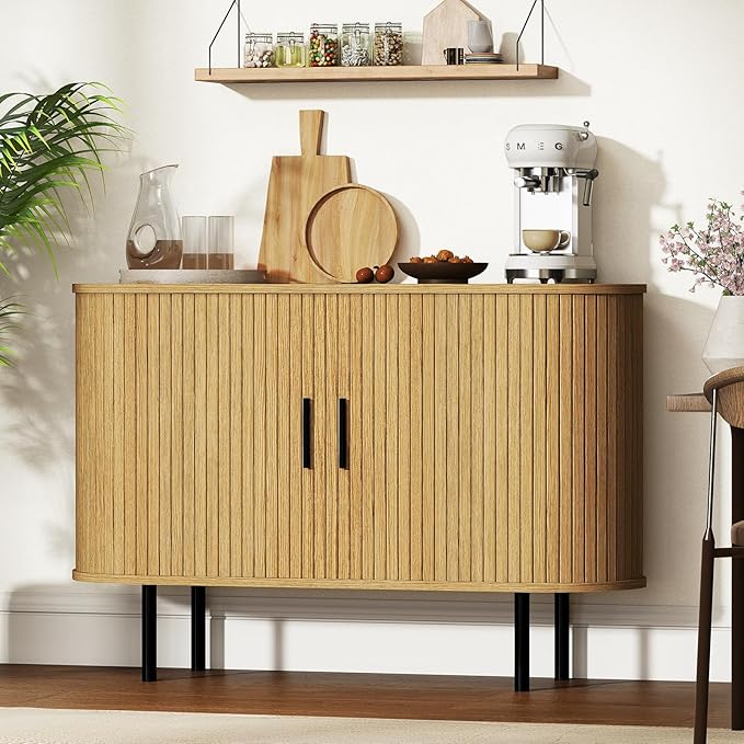 BREEZEHEAT 47 Mid Century Modern TV Stand-Fluted Sideboard Buffet Cabinet –Tambour Credenza Console Table w/Sliding Doors &amp Adjustable Shelves–Small TV Stand for Living Room/Bedroom