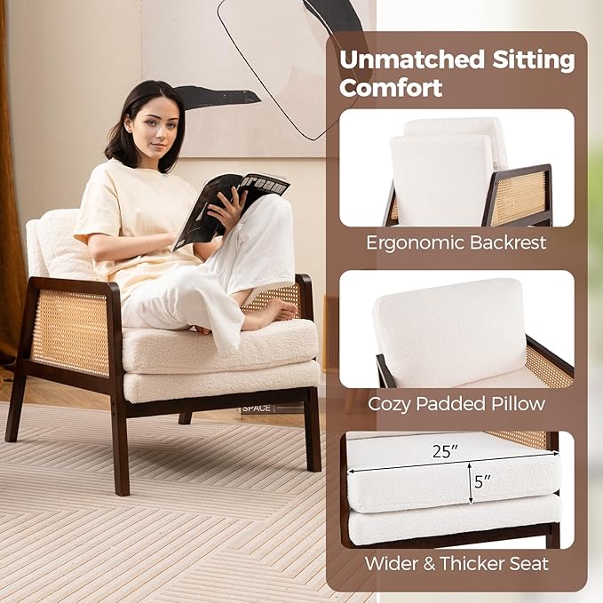 Giantex Mid Century Modern Accent Chair Set of 2 Boho Boucle Living Room Arm Chair w/Rattan Arms Wooden Frame Thick Cushion Pillow Sherpa Reading Side Chair for Bedroom Balcony Brown + Beige