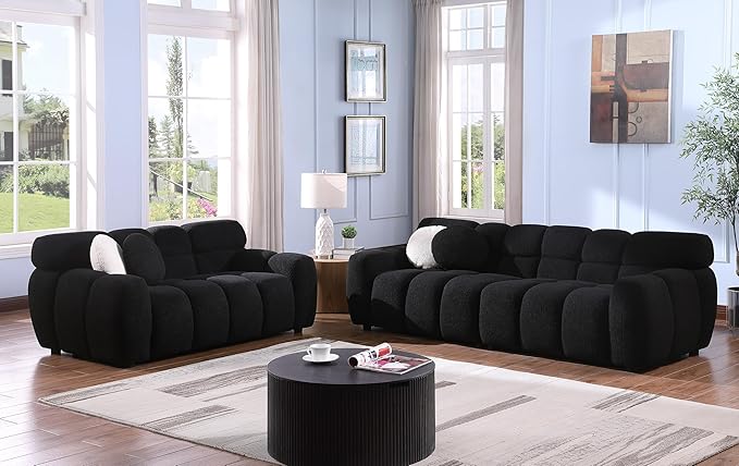 65 Boucle Loveseat Sofa Comfy Upholstered Sherpa Deep Seat Cloud Couch Cozy Modern Tufted 2-Seater Love Seat with 2 Pillows for Living Room Apartment Bedroom Black