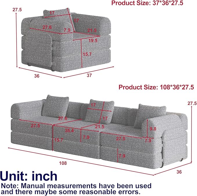 Convertible Sofa Bed 72.4+ 72.4 Sectional Couch 4-Seater with Storage Pockets Modular Sleeper Couch Chenille Folding Floor Boneless Lounge Sofa for Living Room Guest Room Black